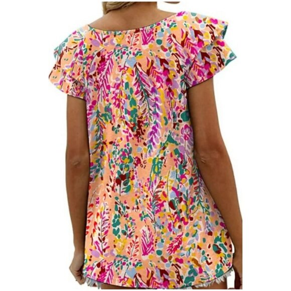 Mengpipi Floral Multicolor Tiered Short Flutter Sleeve V-Neck Top Blouse Size M - Picture 2 of 9